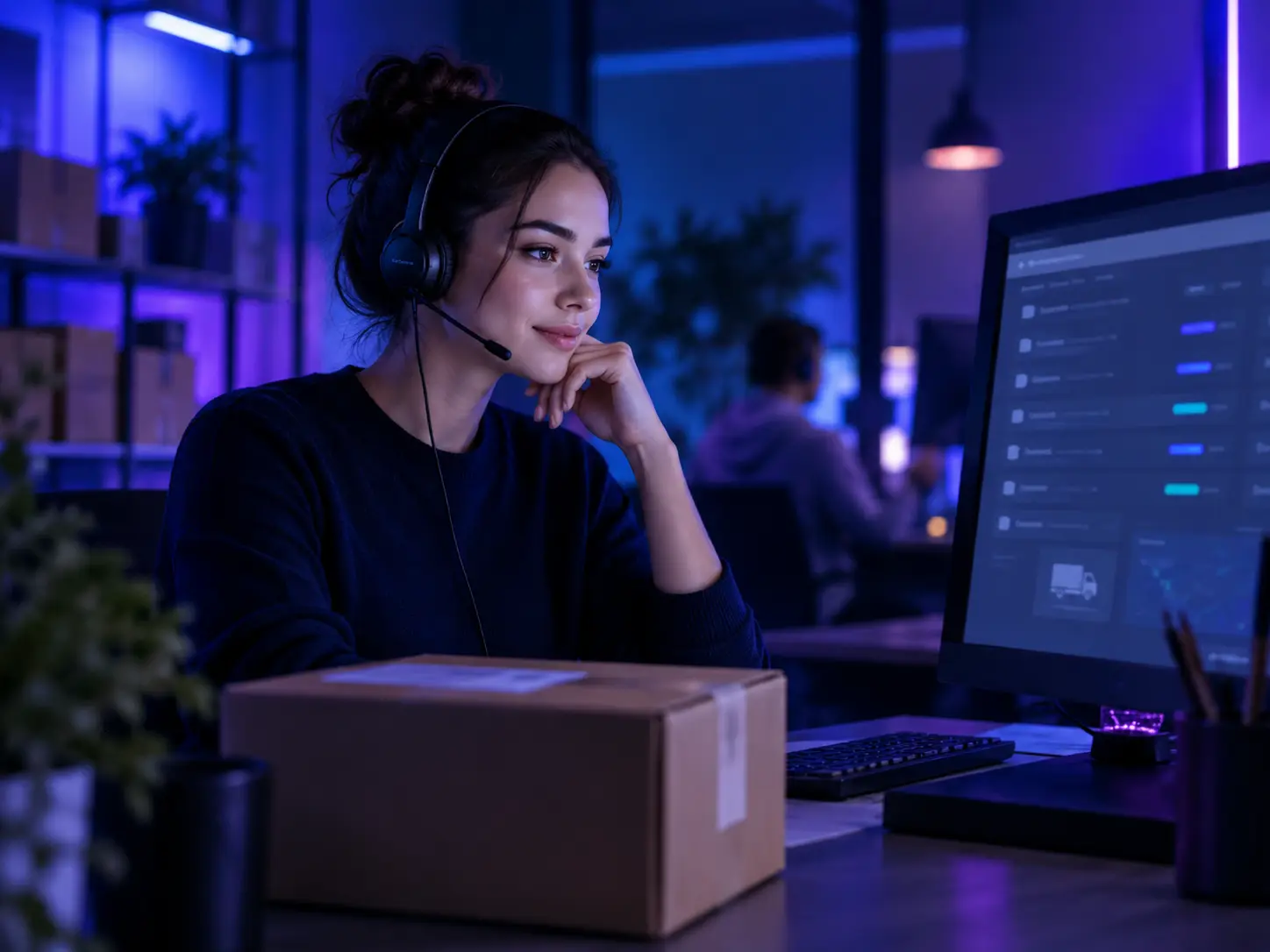 Customer support operator beside a parcel in a blue and violet lit workspace