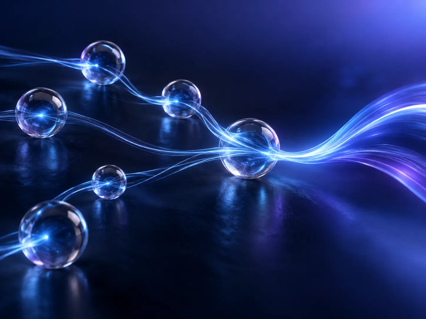 Luminous blue paths connecting glass nodes across a dark background