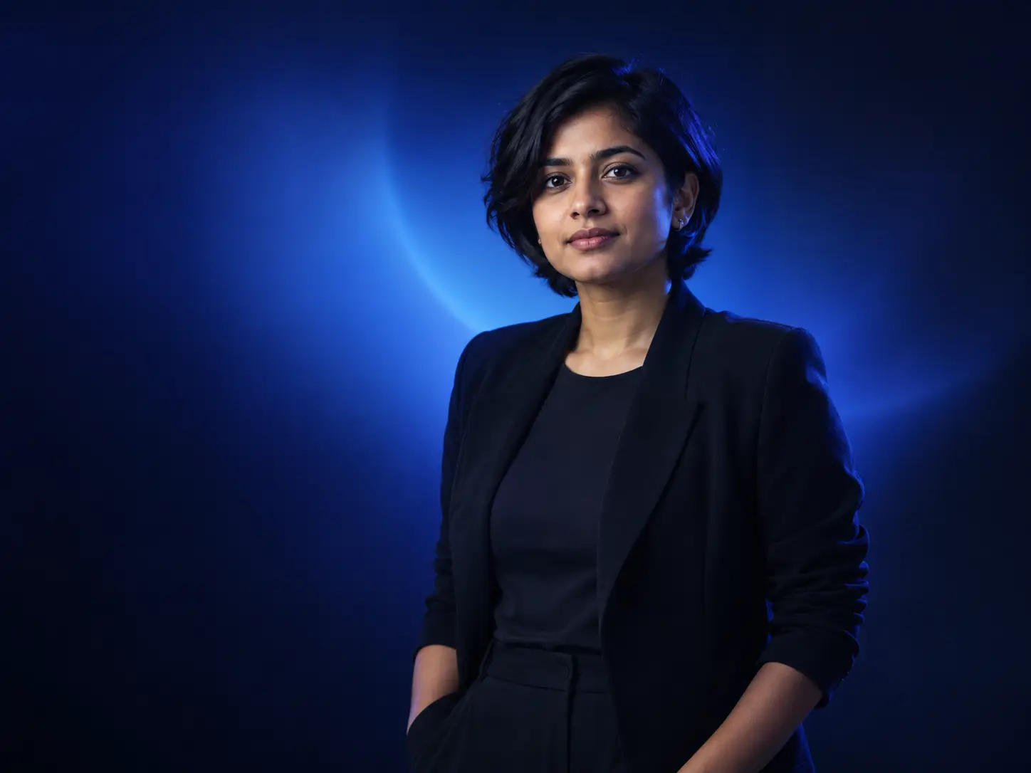 Professional woman in a dark studio with an electric blue glow