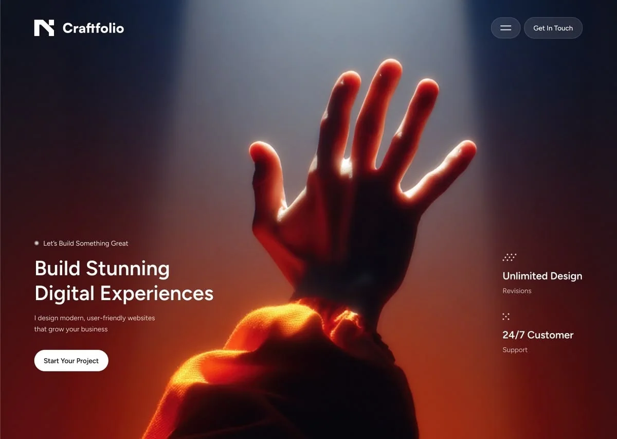 Dramatic website design with a raised hand and warm lighting