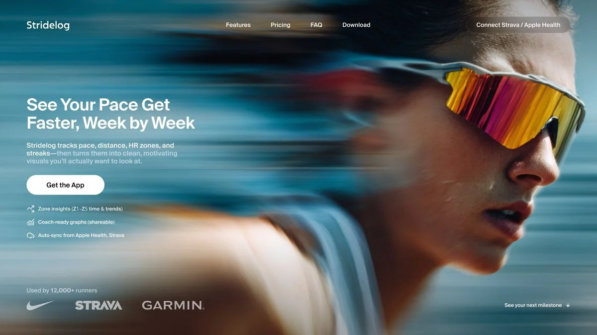 Fitness website with athlete portrait and app call to action
